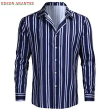 Модные брендовые мужские рубашки в синюю и черную полоску, мужские рубашки с длинным рукавом, облегающие вечерние рубашки для выпускного вечера