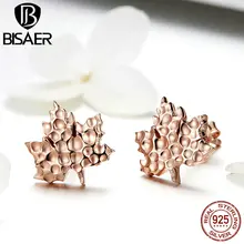BISAER, горячая распродажа, 925 пробы, серебряные, модные, розовое золото, кленовые листья, серьги-гвоздики для женщин, серьги пуш-ап, ювелирное изделие, HSE536