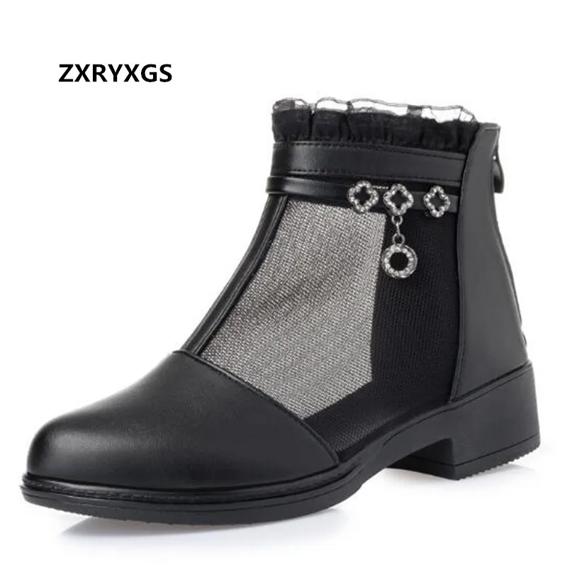 

Promotion Summer Cowhide Mesh Breathable Cool Boots Women Sandals 2021 New Round Toe Rhinestone Fashion Sandals Large Size Shoes
