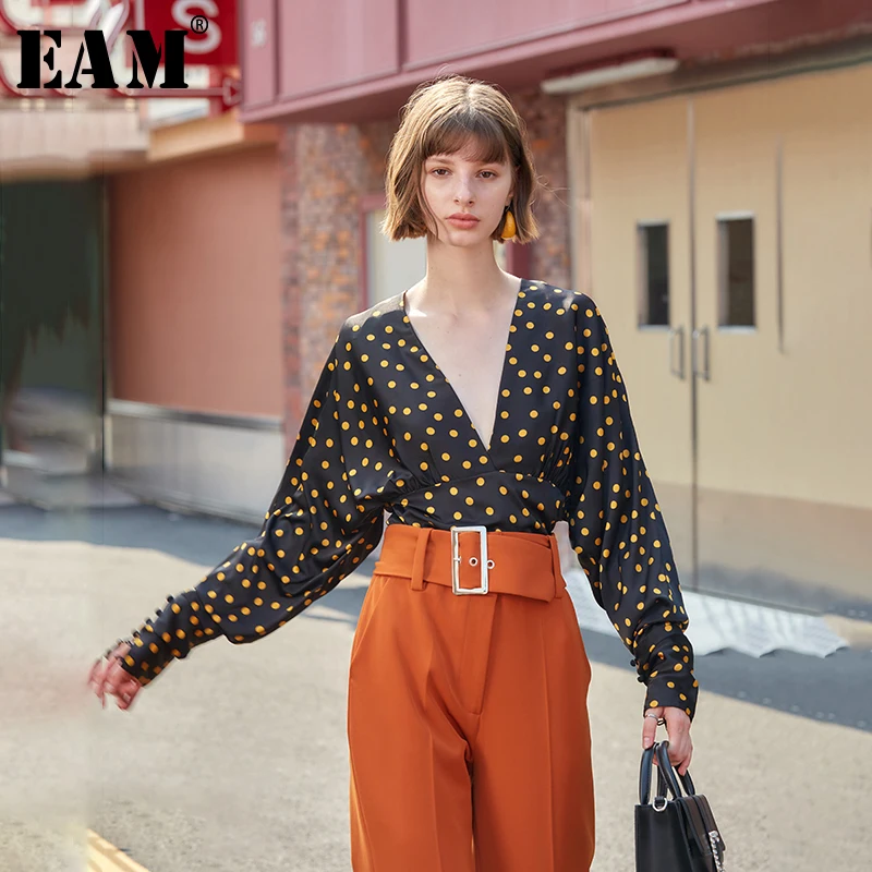 

[EAM] Women Dot Print Contract Color Split Joint Blouse New V-neck Long Sleeve Loose Fit Shirt Fashion Spring Autumn 2019 1B162