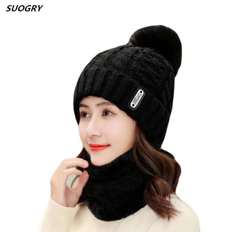 

Fashion Winter Leather Label Scarf Set Knitted Hat Pompom Skullies Beanies Hat For Women Brand New Thick Neck Hot Female Cap
