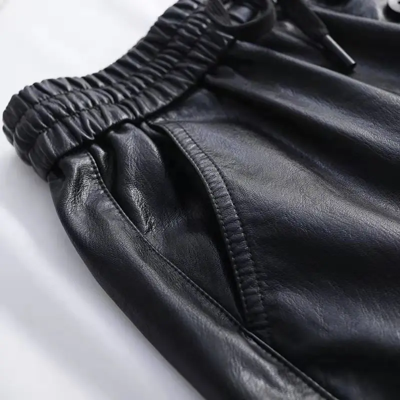 Autumn Winter Leather Shorts Women's Black High Waist Large Size Wide Leg PU Leather Shorts Women Leather Boots Elastic Waist