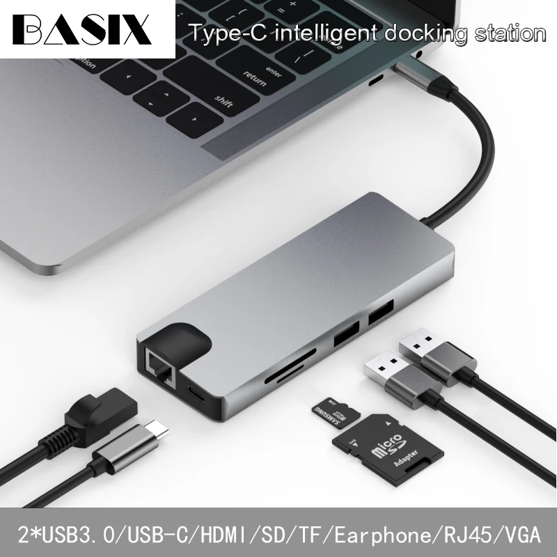 Basix USB C концентратор к USB3.0 HDMI VGA RJ45 гигабитный Ethernet SD/TF PD адаптер зарядки док