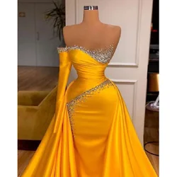 Yellow Luxury Long Evening Dresses Single Long Sleeves Crystals Shiny Sweep Train Women Prom Pageant Elegant Gowns Custom Made