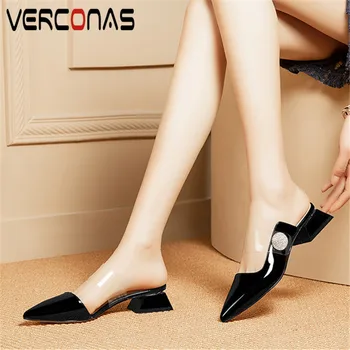 

VERCONAS Woman Pumps 2020 High Quality Women Sandals Summer Genuine Leather Rhinestone Pointed Toe Square High Heels Shoes Woman