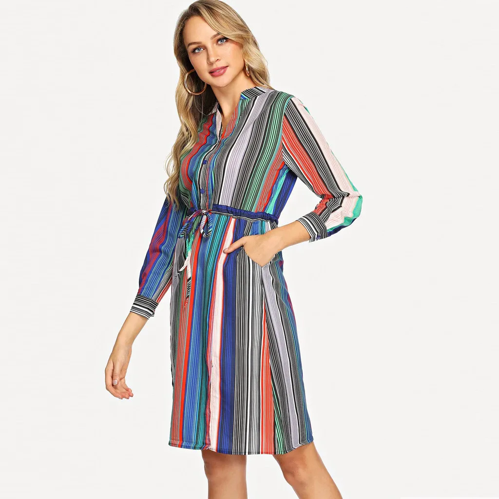 

2019 Spring Autumn New Women Fashion Casual Stripe Long Sleeve V-neck Belt Casual Puls size Slim Fit Body Loose Women Dress