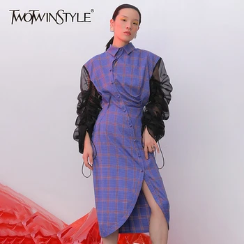 

TWOTWINSTYLE Drawstring Dress For Women Lapel Collar Puff Sleeve High Waist Asymmetrical Dresses Female 2020 Autumn Fashion New