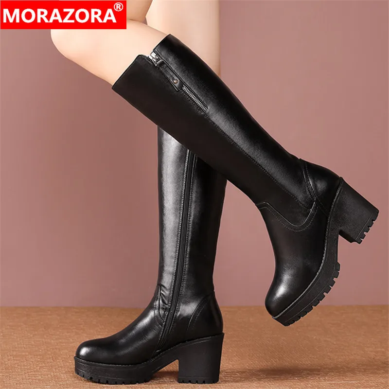 Skup MORAZORA 2020 najnowsze oryginalne skórzane buty damskie buty do kolan naturalnej wełny wysokie obcasy platformy buty kobieta zima śnieg buty