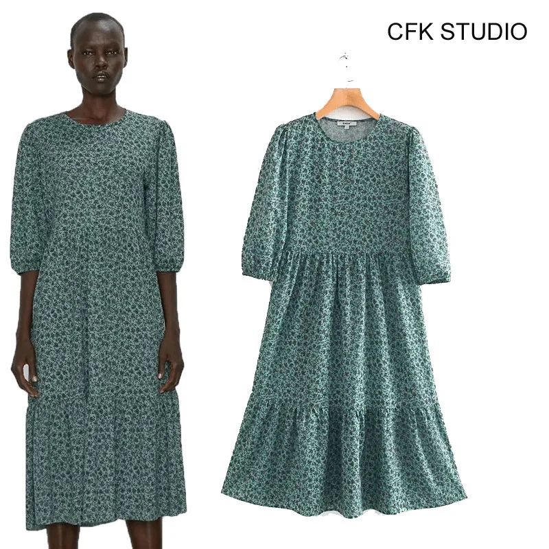 

ZA women mididress o-neck floral printed Middle sleeve cotton dress 2019 new autumn A-line casual loose green mididress