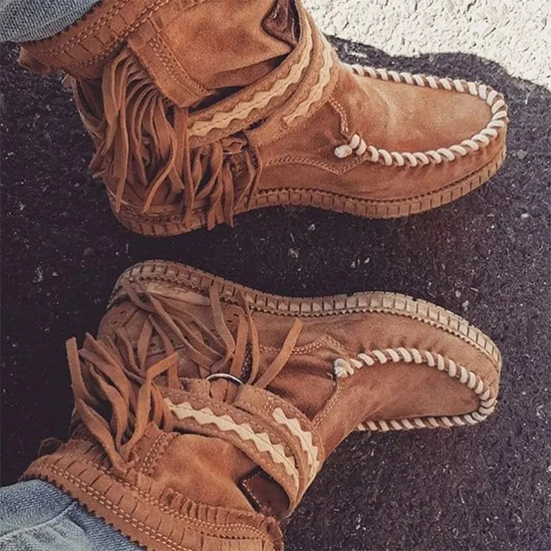

Women Ankle Boots Tassels Short Boots Washing Flock Ethnic Style Warm Shoes Woman Buckle Strap Ladies Botas Mujer XWX7485