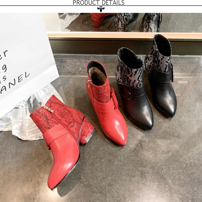 ZVQ/Высококачественные ботинки из натуральной кожи; женские ботильоны на молнии; сезон осень-зима; цвет красный, черный; с цветочным принтом; женская обувь на высоком каблуке