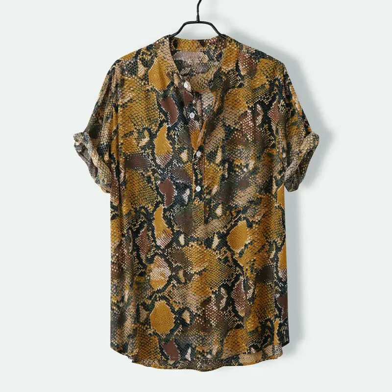 

2019 Summer Mens Casual Shirts Short Sleeve Snake Pattern Loose Shirts Men Male Snakeskin Printed Shirts Tops