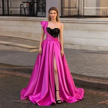 Robe De soirée longue en Satin, asymétrique épaule dénudée, fente latérale, sans manches, à balayage, avec traîne, personnalisée, ligne A 