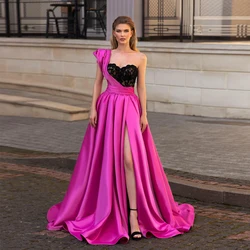 Modest One Shoulder Slit Satin Prom Gown For Woman Sleeveless Sweep Train Evening Party Dress Custom A Line Long Robe De Soriee
