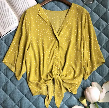 

Women Shirt Yellow Dot Tie Shirt 2019 Summer Autumn Fresh Yellow Base White Dot Medium Sleeve Shirt