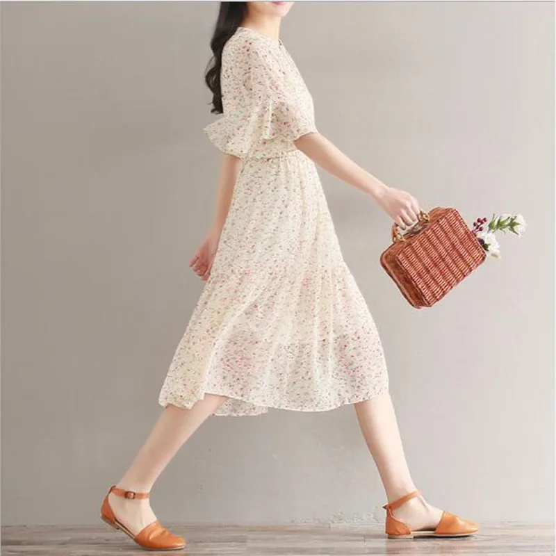 New Robe Femme Summer Chiffon Dress Women Lace Up Butterfly Sleeve Elbise Floral Printed Female Dresses Vestidos De Festa QV775