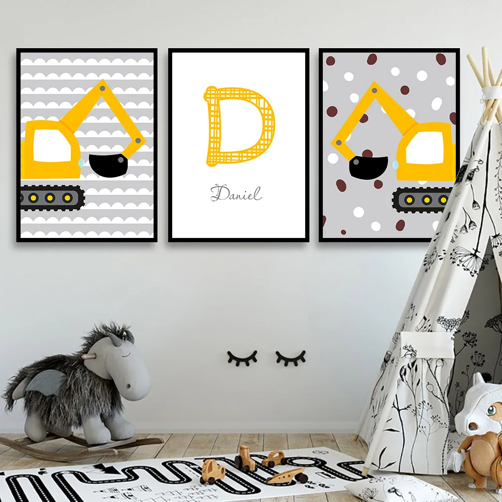 Personal-Boy-s-Name-Custom-Poster-Nursery-Print-Cartoon-Excavator-Wall-Prints-Nordic-Canvas-Painting-Kids