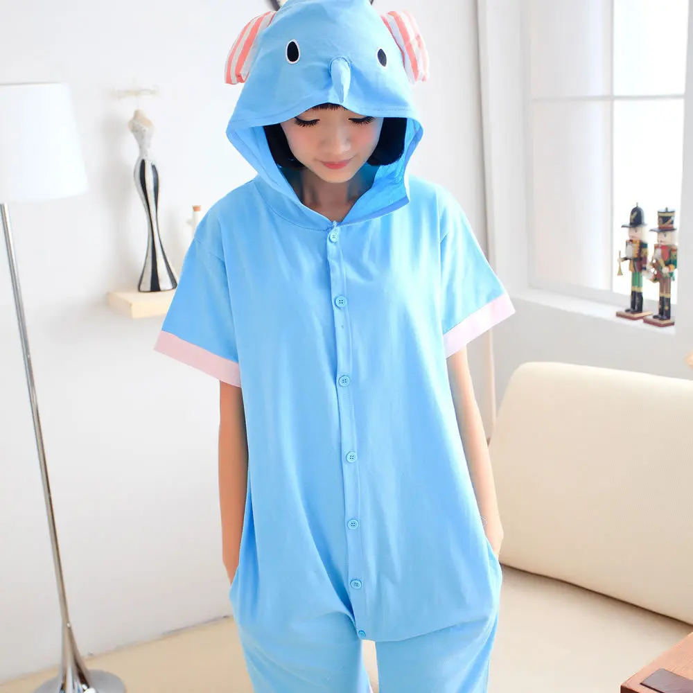

Summer Cotton Kigurumi Women Men Onesies Cartoon Animal Elephant Pajama Hooded Short Sleeve Unisex Pyjama Pijama Sleepwear