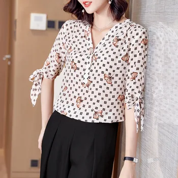 

Hot Women 2020 Summer New Style Elegant V-neck Short-Sleeve Blouse Top Ginkgo Leaf Printed 100% Silk Shirt Mulberry Silk Top