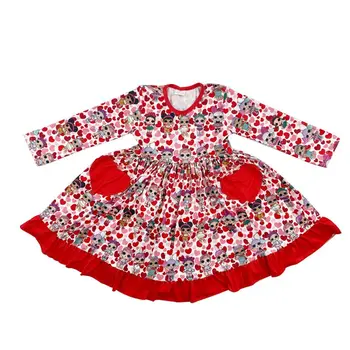 

Boutique hot sale children clothes cute cartoon doll pocket love red children twirl dress