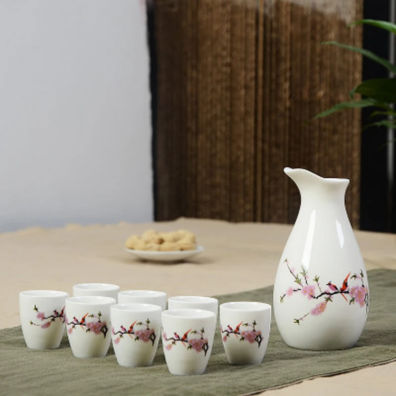 9Pcs Ceramic Sake Pot Cups Set Flagon Liquor Cup Spirits Japanese Wine Alcohol Drinking Bar Drinkware | Дом и сад