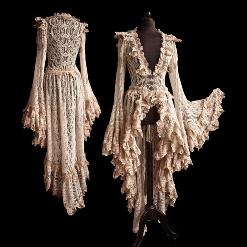 

Imily Bela Vintage Lace Maxi Dress Women Deep V Neck Cascading Ruffle Flare Sleeve Elegant Long Dress Medieval Victoria Vestidos