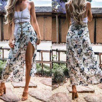 

Floral Print Split Long Skirt Women Elastic High Waist Beach Skirts Summer 2020 Elegant Female Bottom