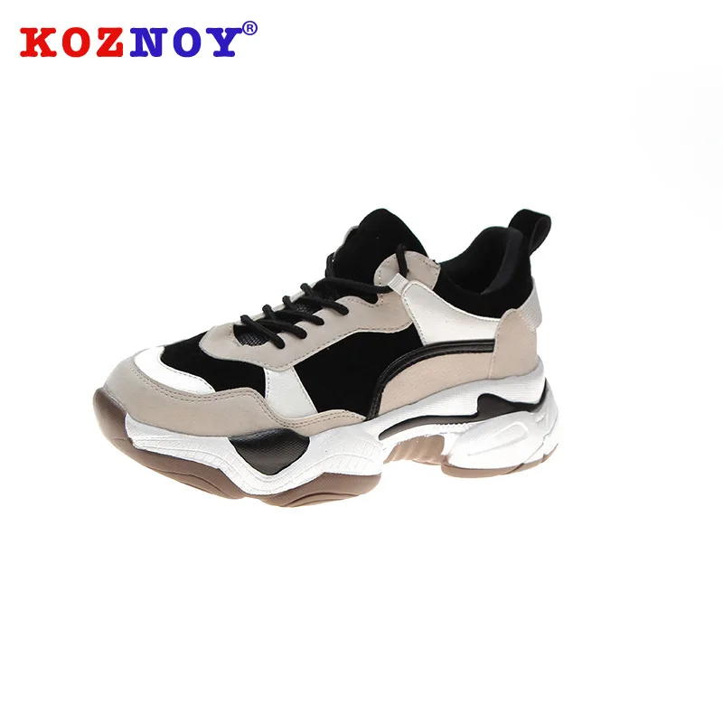 

Koznoy Sneakers Women Spring Fashion Thick Bottom Dropshipping Breathable Mixed Colors Mesh Shallow Lace Leisure Women Shoes