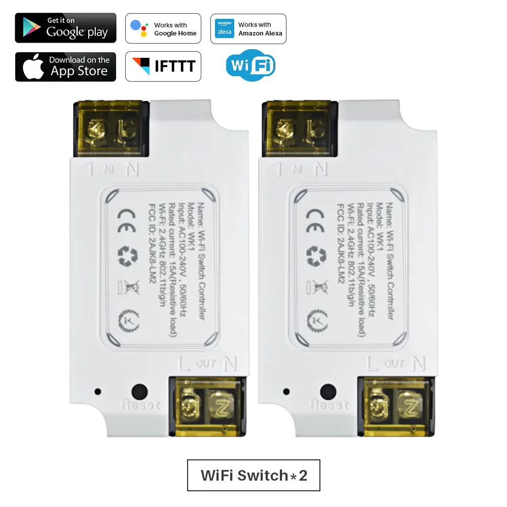 2 Pcs 15A Интеллектуальный базовый переключатель Wi-Fi таймер DIY беспроводной переключатель умный дом автоматизация приложение дистанционное управление работа с Alexa Google Home - Комплект: 2 Pcs