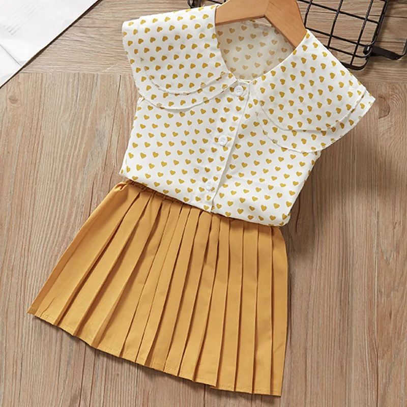 Повседневные комплекты одежды для девочек; Новинка; летняя футболка в полоску с принтом; костюм с юбкой; кружевная детская одежда для девочек; милый костюм из двух предметов - Цвет: AH026-yellow