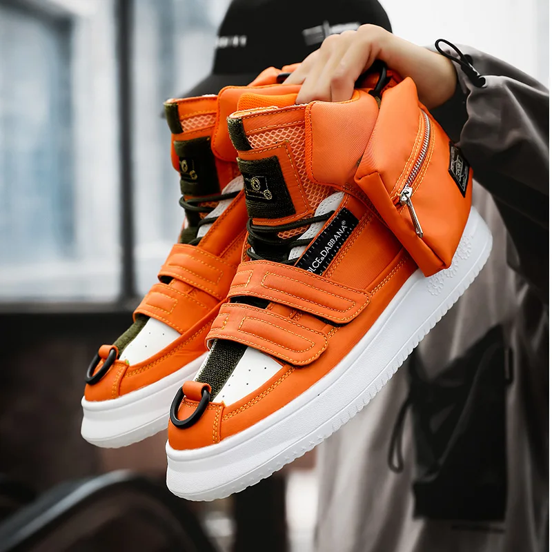 Hot Orange Pockets Shoes Men Platform Sneakers Zipper Design Man High Top Sneakers Hip Hop Men Casual Footwear zapatillas hombre