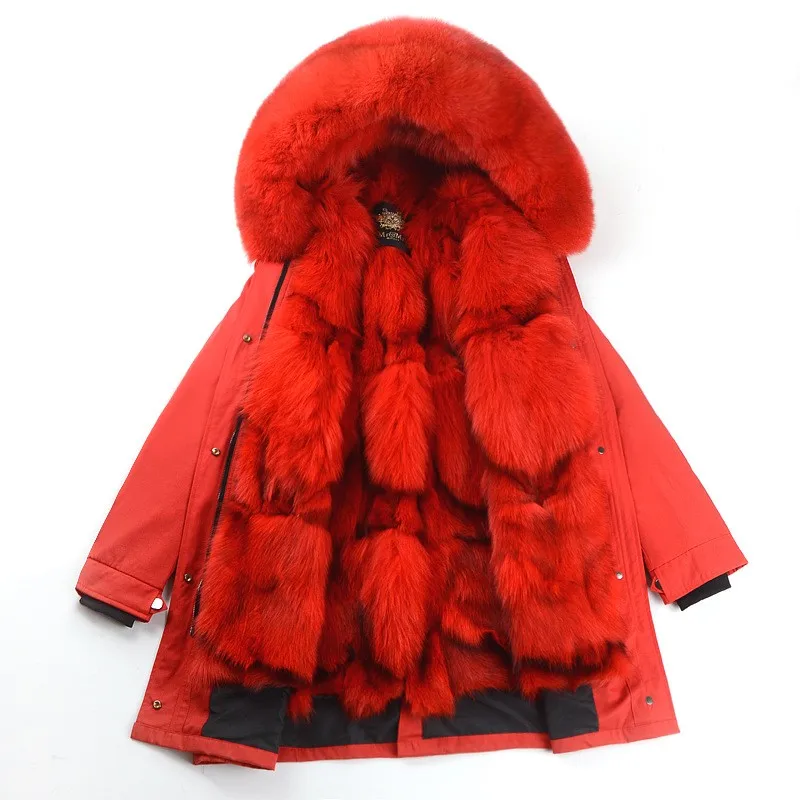 Теплые парки с натуральным мехом, женские зимние длинные меховые парки с лисьим мехом, съемная подкладка пальто из настоящего меха с меховым воротником, пальто с капюшоном, F01 - Цвет: red  longer length