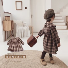 Платье для девочек; сезон весна-осень; модные платья в клетку для маленьких принцесс; Детские повседневные хлопковые платья с длинными рукавами для колледжа