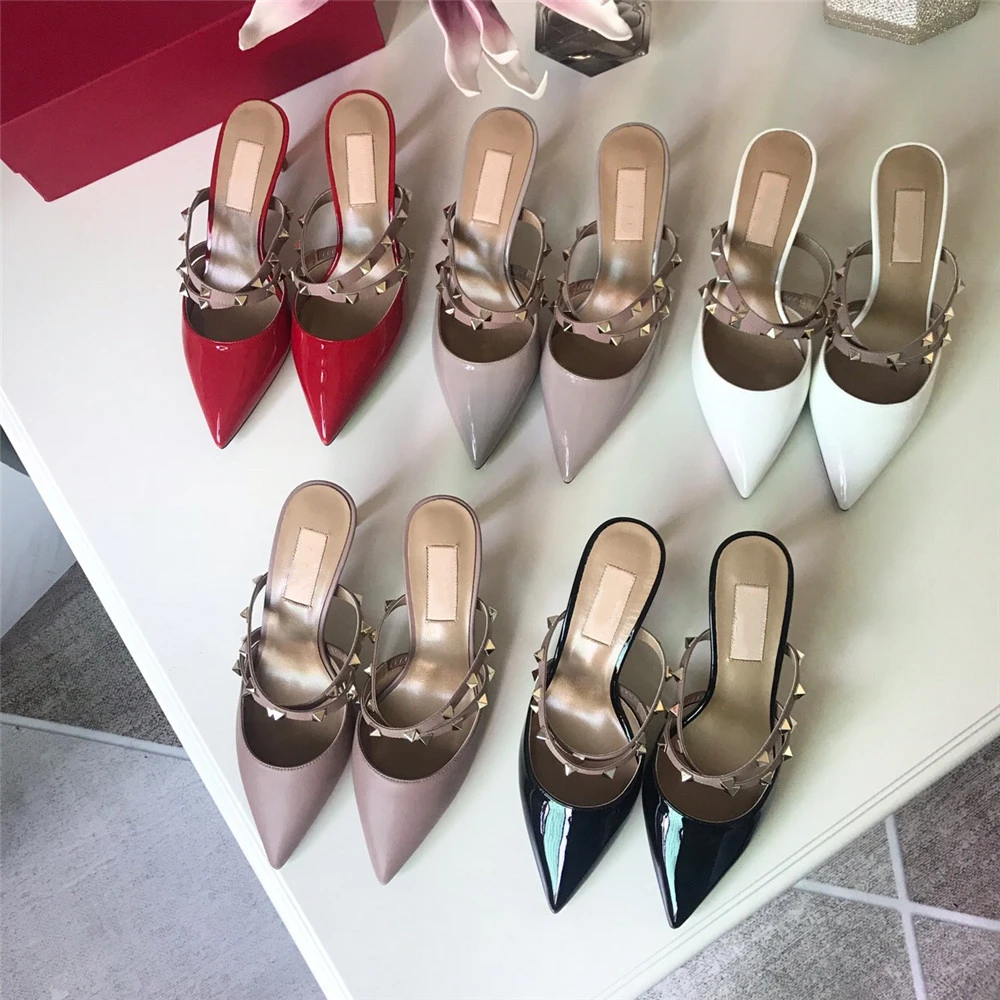 

Jenutxin Design Brand Women High Heel Sandals Pointed Toe Thin Heels Pumps Rivet Patent Leather Shoes Real Leather Shoes Size 42