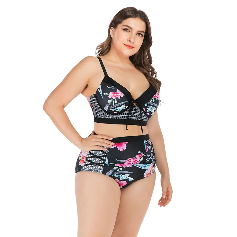 

Plus Size Women Tankini Floral Patchwork Strappy Lace-up High Waist Swimwear Bikini Top Bottom Lady Swimsuit Beach Swimming Suit