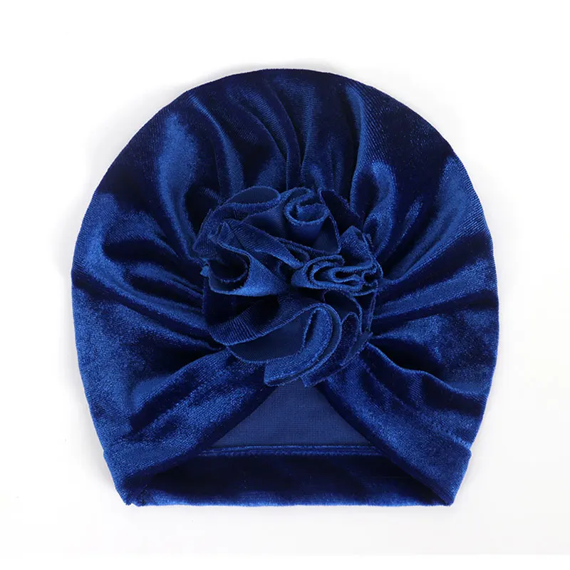 Royal Blue Разноцветная детская Золотая Бархатная вязаная плиссированная Цветочная головной убор в индийском стиле, зимняя однотонная шляпа для новорожденных, широкий берет-Боб для девочек и мальчиков - Цвет: Royal Blue