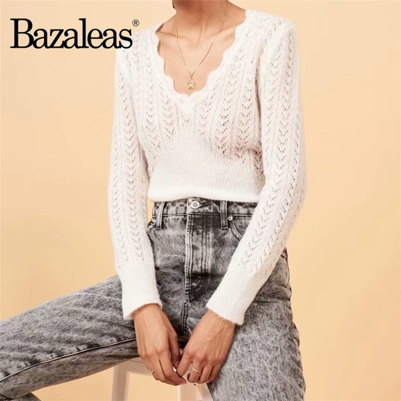 Bazaleas Vintage sweater women Casual France Hollow Out Sweater Ruffles V Neck pull femme harajuku Kintted Pullover Dropshipping | Женская
