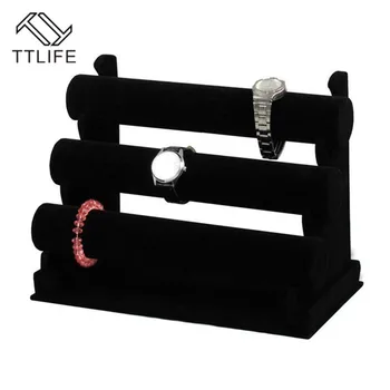 

TTLIFE 3-Layer Black Jewelry Bracelet Watch Bangle Display Storage Holder Velvet/PU T-bar Ring Stand Rack Bracele Stand Showcase