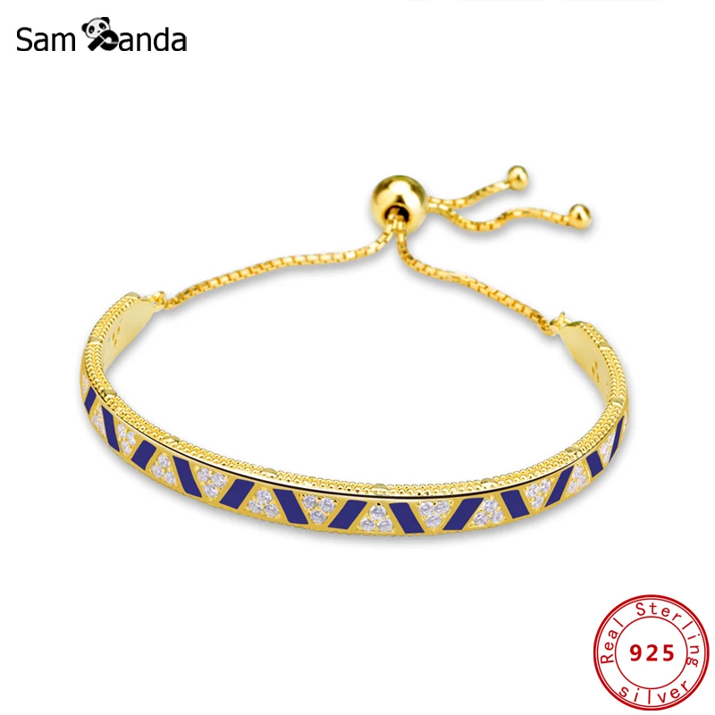 

Original 925 Sterling Silver Bracelet Gold Exotic Stones and Stripes Sliding Bangle Bracelets For Women DIY Jewelry
