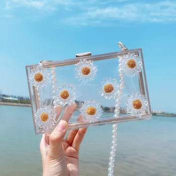

2020 Acrylic Box Women Luxury Flower Lock Small Square Clutch Shoulderbag Female Transparent Pearl Bag Purse and Handbag