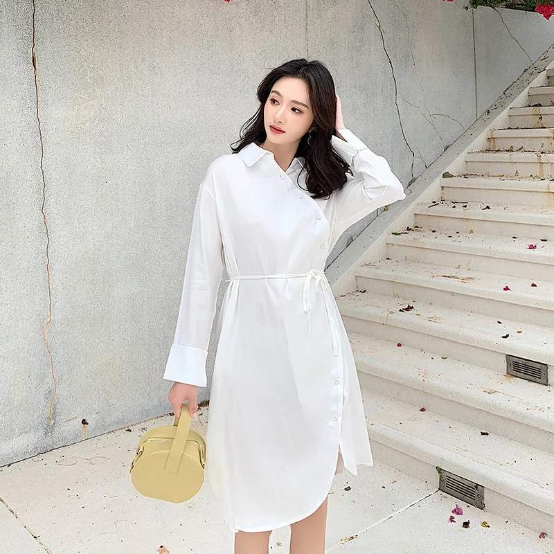 

2019 New Style Laziness-Style Retro Elegant White Shirt Dress Women's Mid-length