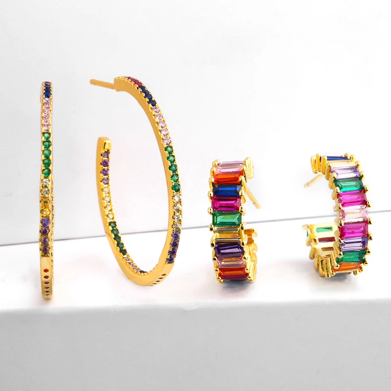 Boho Big Hoop Earring Gold Color Bezel Setting Rainbow Colorful Cubic Zirconia Pine Stone Women Gorgeous fashion Jewelry ers-q99