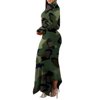 

Sexy Hips Large Size Irregular Hem Long Sleeve Camouflage Dress Nightclub Clothing Autumn And Winter Turtleneck Dress