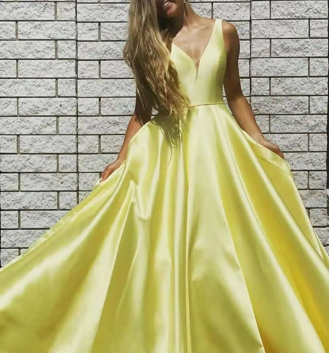 long sleeve evening gowns Elegant Long V-Neck Satin Yellow Evening Dresses with Pockets A-Line Floor Length Zipper Back Formal Party Dress for Women plus size formal wear Evening Dresses