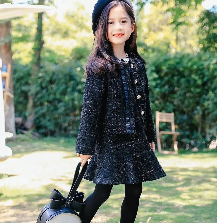 

4 To 9 Years Kids & Big Girls Pearled Button Fall Winter Jacket with Long Sleeve Flare Dress Two Pieces Sets Clothing Set