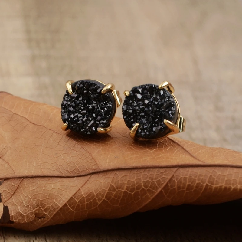 10 мм серьги-гвоздики Druzy, изысканные радужные натуральные серьги-гвоздики Druzy, круглые черные белые серьги-гвоздики с драгоценными камнями из розового золота, подарки, Прямая поставка ZG0250