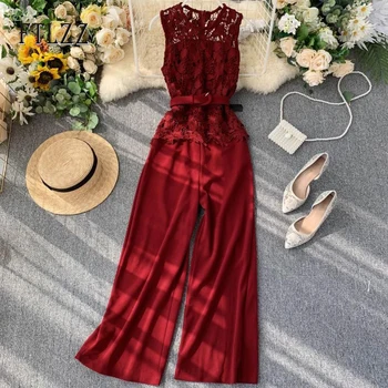 

Women's Playsuit 2020 New Summer Vintage Style Hollow Lace Patchwork Slim With Belt Straight Pants Romper Ladies Beach Overalls