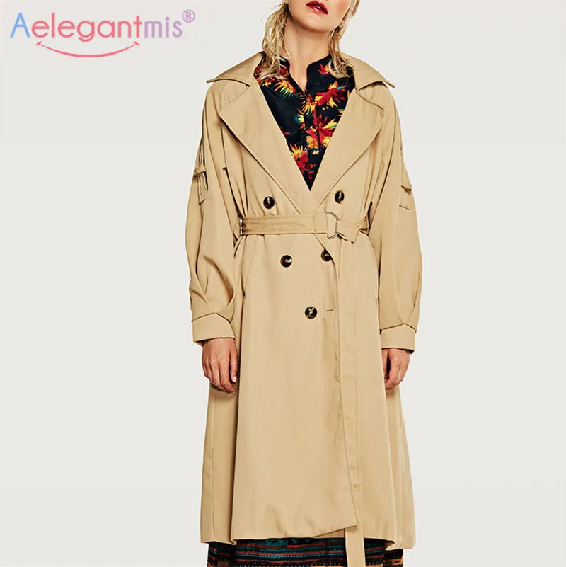 Aelegantmis, Женский Длинный плащ, хаки, новая мода, Осень-зима, двубортное пальто, женская Повседневная Верхняя одежда с поясом