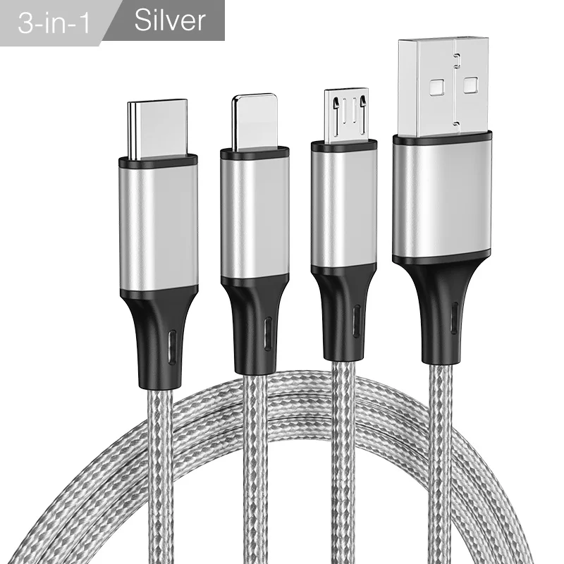 Flat Silver YKZ кабель для мобильного телефона 3 в 1 Micro USB кабель usb type-C кабель для зарядки для samsung Xiaomi huawei USB шнур для освещения - Цвет: Flat Silver