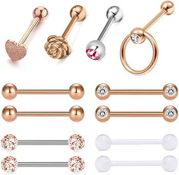 

14G 12Pcs Stainless Steel Tongue Rings Barbells Heart Shape Rose Shape Tongue Piercing Nipple Rings Body Jewelry 8 Style